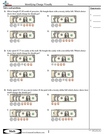 Money Worksheets - Identifying Change Visually worksheet